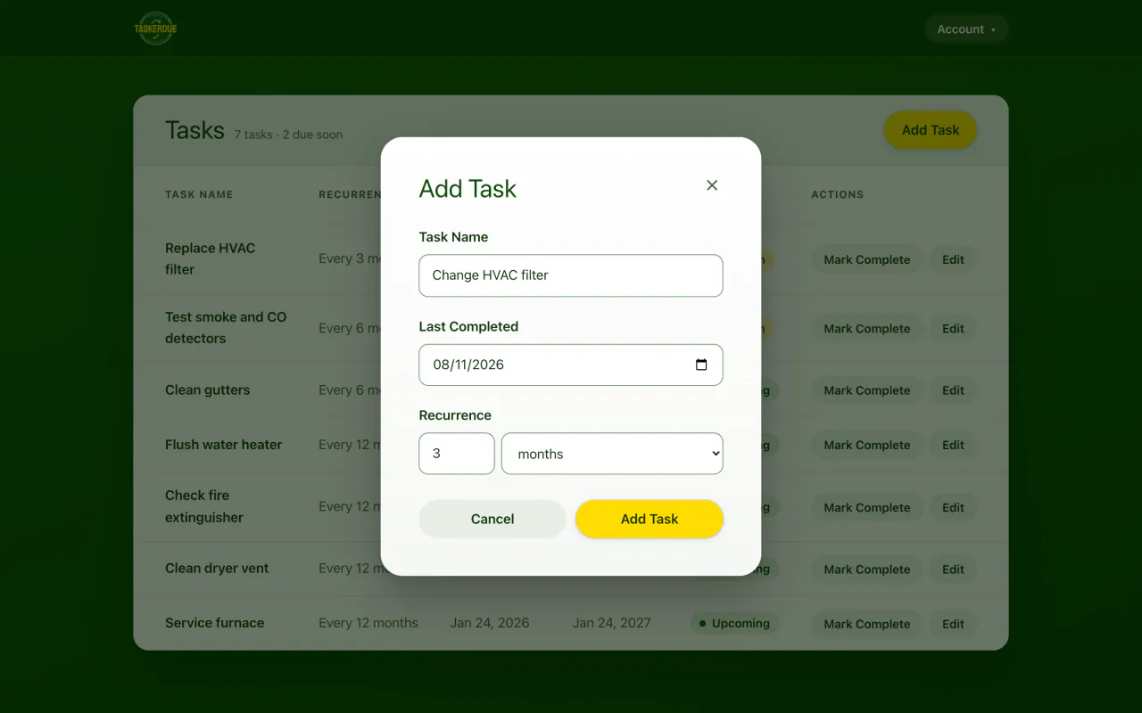The Add Task form in TaskerDue, filled in with the task name Change HVAC filter, a last completed date of 08/11/2026, and a recurrence of every 3 months, with Cancel and Add Task buttons.